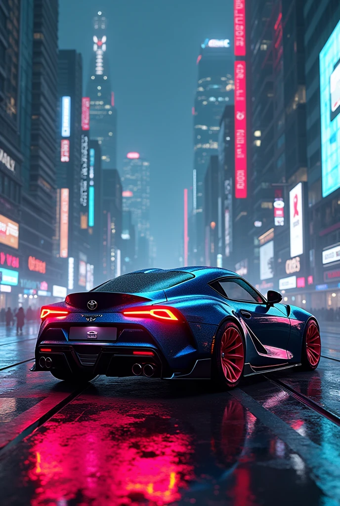 Supra mk2 in cyberpunk with neon light with skyscraper on the background 
