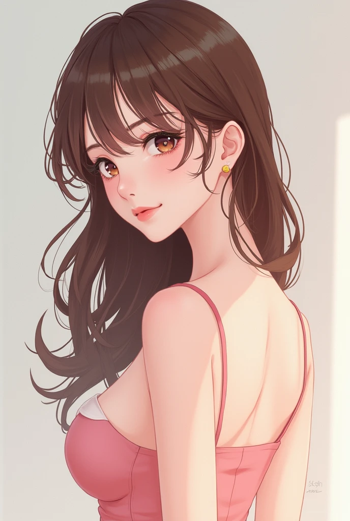 A cute Korean anime girl with breast size 190 cm, waist very thin, hip size 91 cm. Brown hair,