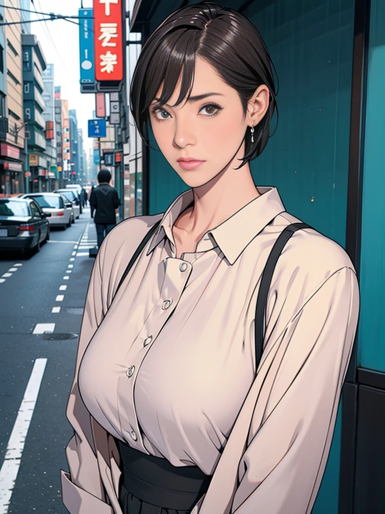 individual，short hair，Photorealism，detailed，masterpiece，teenager，Beautiful girl，Plain clothes，Bustling streets of Tokyo，Bustling street scene，Puzzled look

