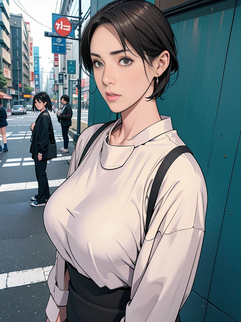 individual，short hair，Photorealism，detailed，masterpiece，teenager，Beautiful girl，Plain clothes，Bustling streets of Tokyo，Bustling street scene，Puzzled look
