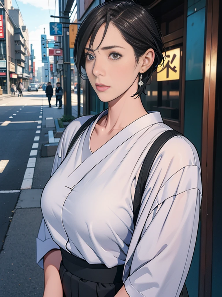 individual，short hair，Photorealism，detailed，masterpiece，teenager，Beautiful girl，Plain clothes，Bustling streets of Tokyo，Bustling street scene，Puzzled look
