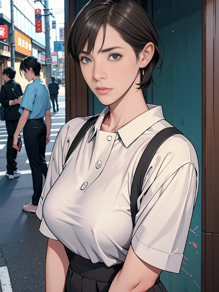 individual,short hair,Photorealism,detailed,masterpiece,teenager,Beautiful girl,Plain clothes,Bustling streets of Tokyo,Bustling street scene,Puzzled look