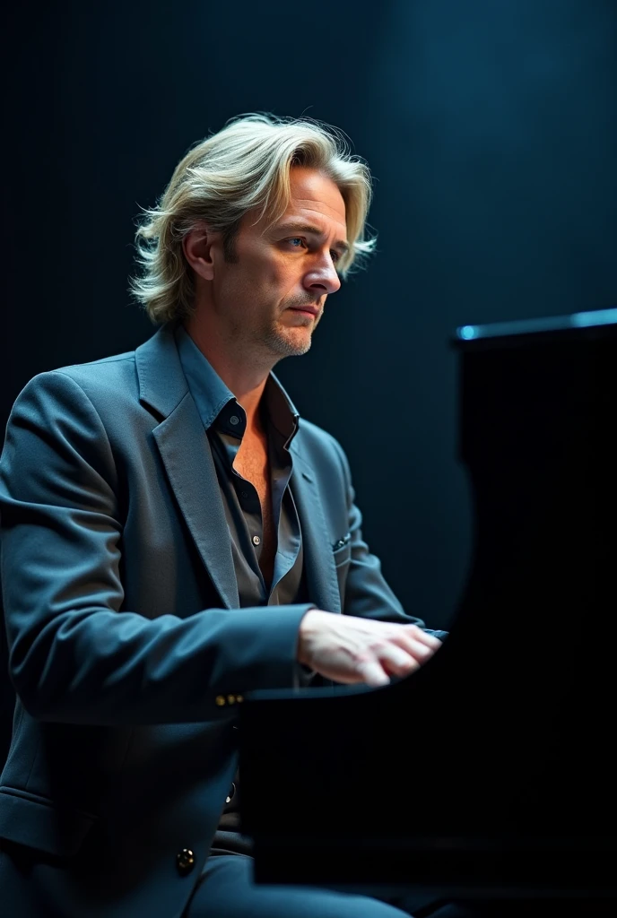 pianist Performing male 40s Blonde Long Hair Blue Eye shirt Open-neck jacket