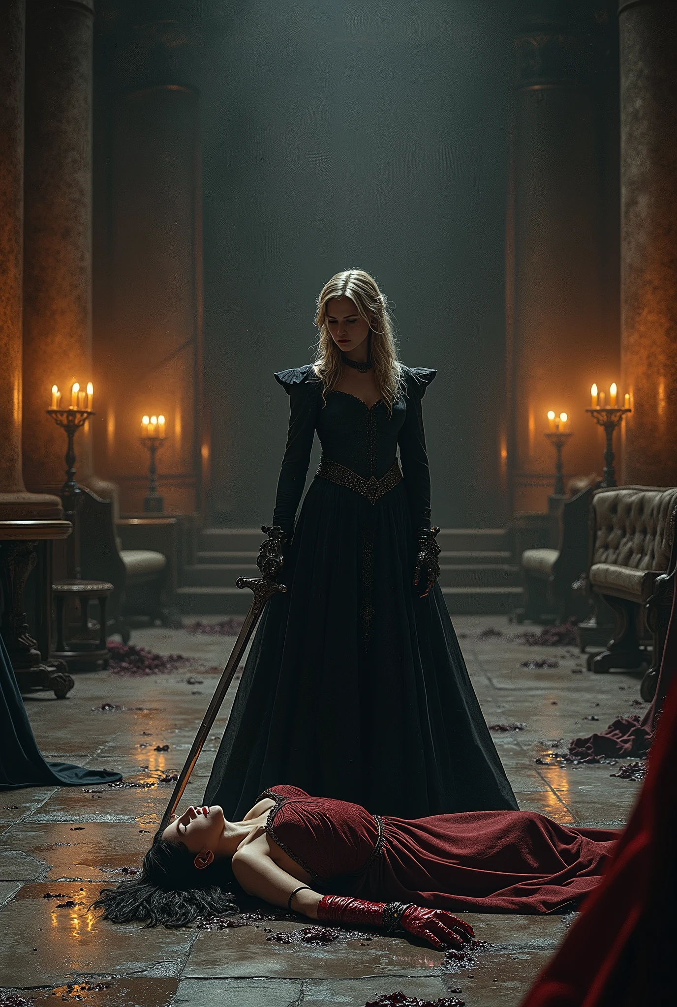 A dark and intense visual depiction of Lady Seraphina d’Aurelis standing victorious over Lady Isolde Thorne after their final duel in a dark fantasy setting. The scene takes place in the grand, shadowy throne room, with flickering torchlight casting eerie shadows across the stone floor. Seraphina, dressed in her dark, regal gown, stands over Isolde, her sword pointed at her fallen opponent. Isolde, bloodied and defeated, lies on the ground, her sword out of reach, her expression one of pain and resignation. Seraphina’s face is cold and determined, her eyes reflecting the harsh reality of her victory. The atmosphere is tense and foreboding, with the remnants of the fierce duel scattered around them—broken furniture, overturned banners, and bloodstains on the floor. The art style is realistic, emphasizing the intensity of the confrontation and the emotional weight of Seraphina’s victory.