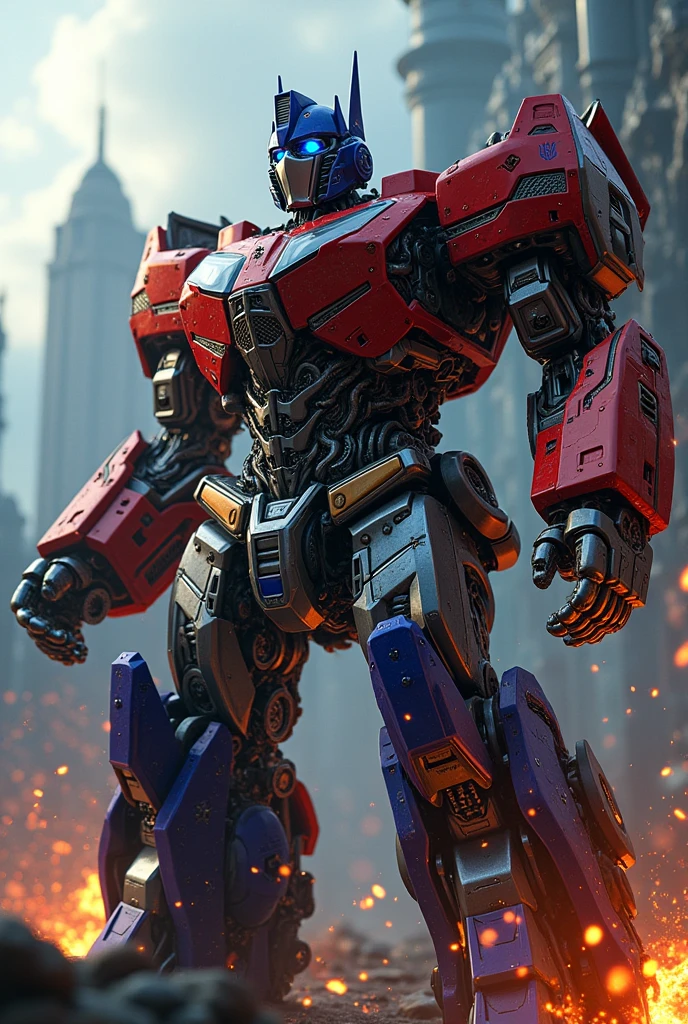 Optimus Prime transforming, hyperrealistic, detailed mechanical gears and machinery, cinematic lighting, dramatic angle, glowing energon cubes, Cybertron cityscape in background, photorealistic, 8k, masterpiece