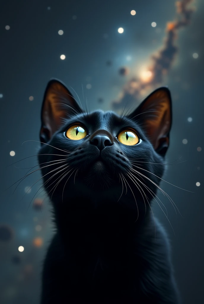 Close up of a black cat's cat face. Look towards the stars, stars and galaxies in the background. "Miss you david" (in German) it is written. Yellow-green eyes with black pupils.