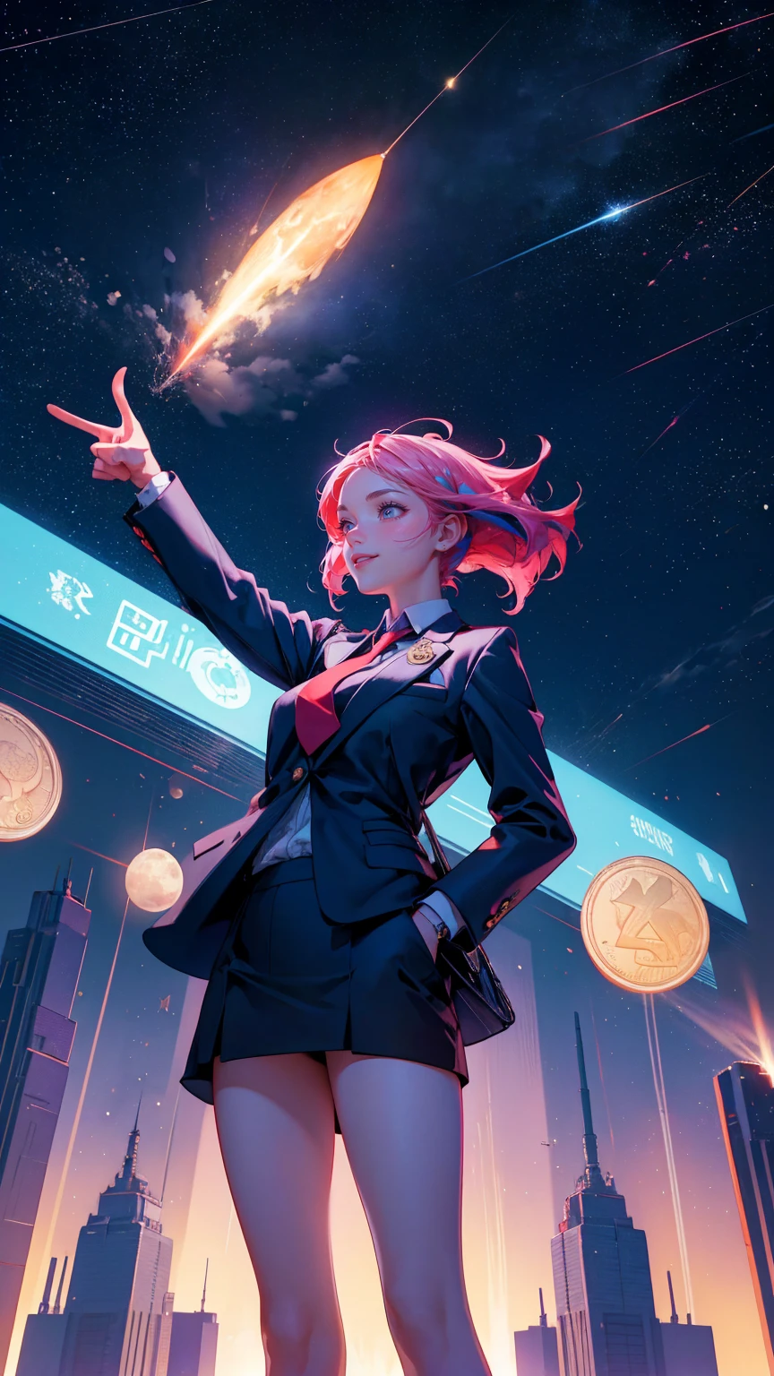 A beautiful, cute girl with a confident smile, wearing a stylish business suit with a red tie, standing on top of a rocket labeled 'MICROCAP' soaring into a starry sky. She is pointing toward the moon, which has a rising stock chart symbol on it. The background is filled with colorful fireworks, dollar bills, coins, and financial symbols floating in a cosmic environment. A grid pattern with upward-trending bar graphs and futuristic city buildings beneath adds a sense of growth and adventure. The scene is vibrant and energetic, capturing the excitement of financial success and moonshot investments in a playful, cartoonish style."