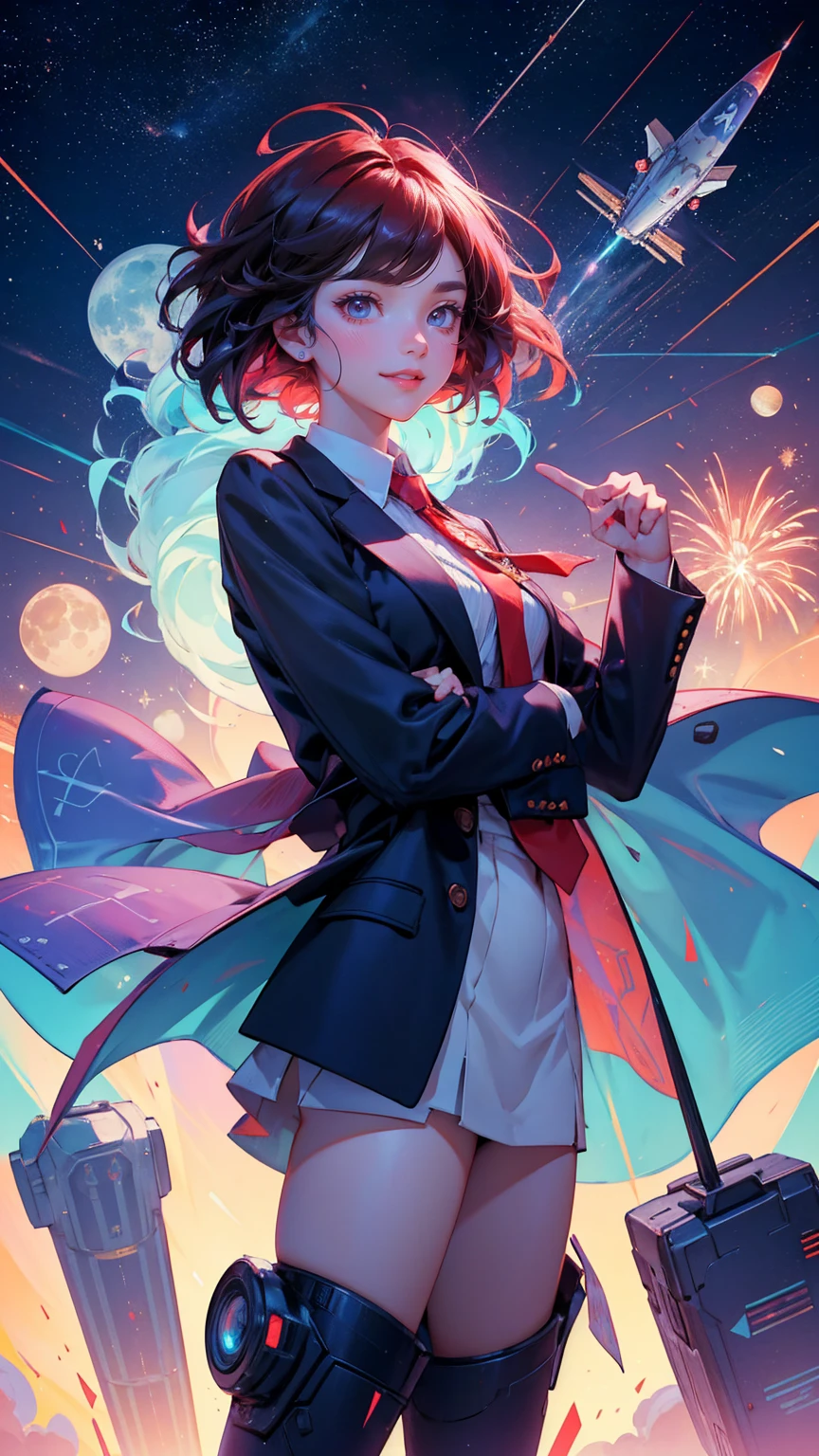 A beautiful, cute girl with a confident smile, wearing a stylish business suit with a red tie, standing on top of a rocket labeled 'MICROCAP' soaring into a starry sky. She is pointing toward the moon, which has a rising stock chart symbol on it. The background is filled with colorful fireworks, dollar bills, coins, and financial symbols floating in a cosmic environment. A grid pattern with upward-trending bar graphs and futuristic city buildings beneath adds a sense of growth and adventure. The scene is vibrant and energetic, capturing the excitement of financial success and moonshot investments in a playful, cartoonish style."