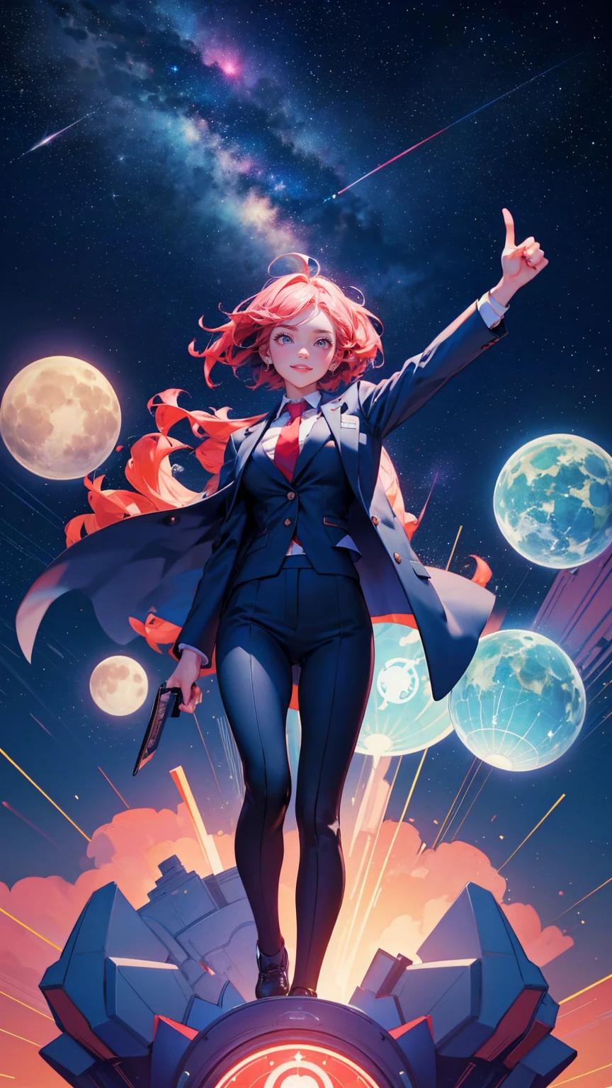 A beautiful, cute girl with a confident smile, wearing a stylish business suit with a red tie, standing on top of a rocket labeled 'MICROCAP' soaring into a starry sky. She is pointing toward the moon, which has a rising stock chart symbol on it. The background is filled with colorful fireworks, dollar bills, coins, and financial symbols floating in a cosmic environment. A grid pattern with upward-trending bar graphs and futuristic city buildings beneath adds a sense of growth and adventure. The scene is vibrant and energetic, capturing the excitement of financial success and moonshot investments in a playful, cartoonish style."