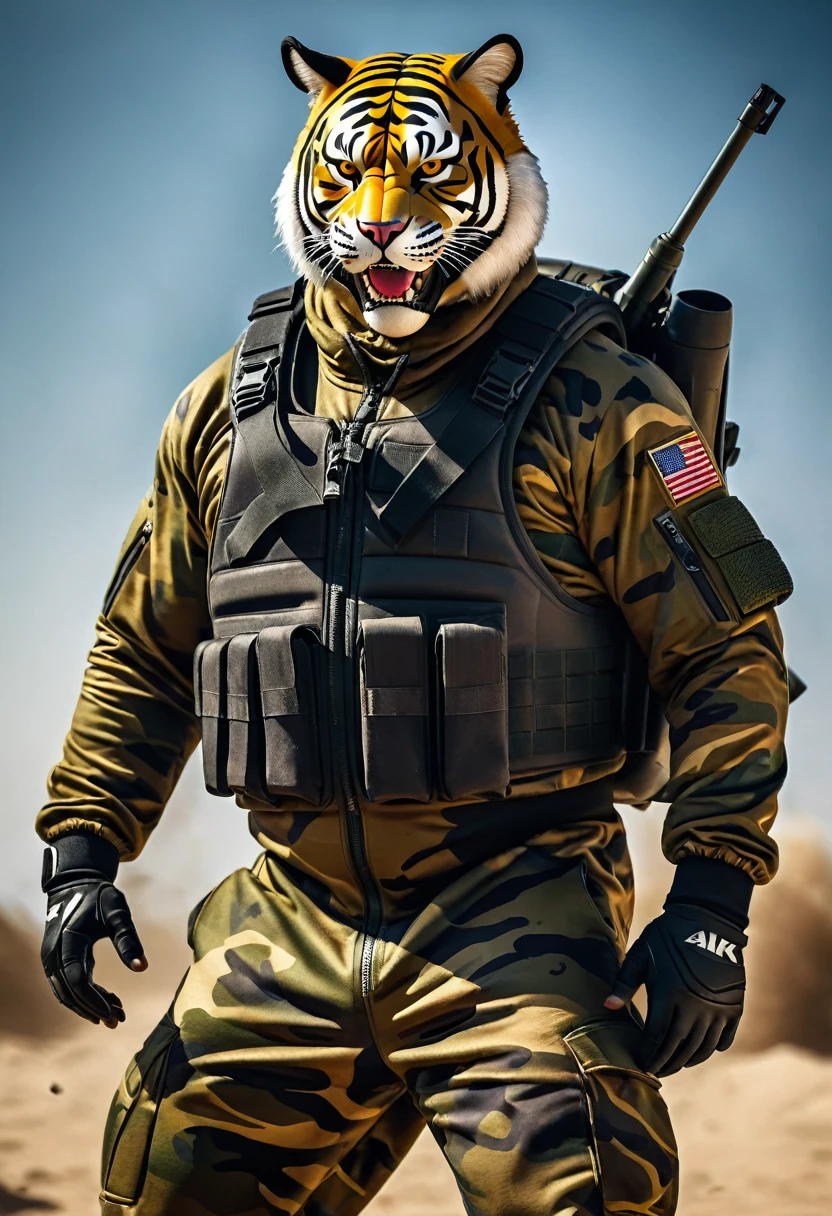 (a dark-skinned fat muscular old man in a bulky army camouflage zipper diver suit), carrying an AK-47, (wearing a small-sized realistic roaring tiger mask), dynamic action pose, fierce expression, roaring, showcasing an imposing stature, surrounded by military elements, dramatic shadows and intense highlights, cinematic color tones, high detail, powerful, art influenced by Bruce Onobrakpeya and Stanley Artgerm, ultra-detailed, best quality image, action-packed atmosphere, fighting stance.
