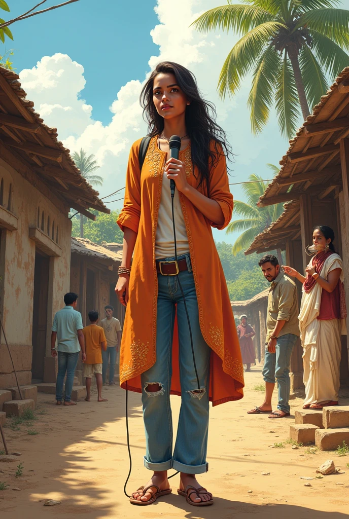 Illustration of a female journalist standing with microphone in her hand. She is wearing kurta and jeans. The scene is from chabutra of a village
