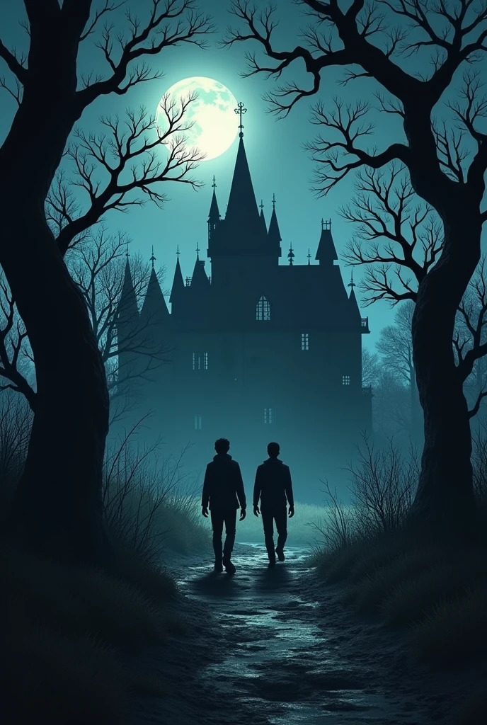  - A dark, moonlit night with two young men, Vikram and Raj, cautiously walking toward a large, eerie, old mansion with twisted trees around. 9:16

