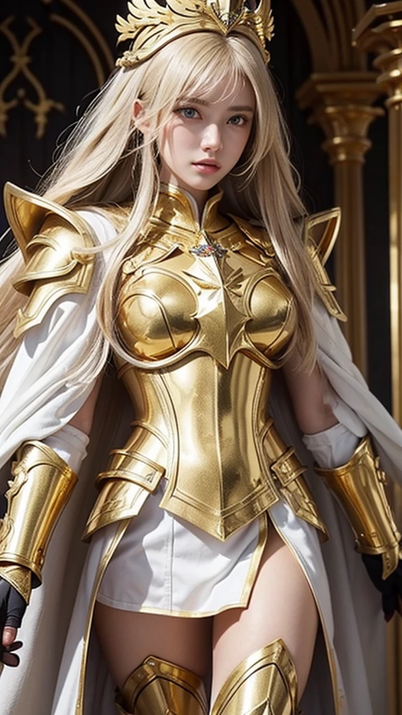 Attractive 1 Russian famous model, Light blonde hair, Close-up of a woman wearing only armor and a white cloak made of gold metal chains, Beautifully patterned gold armor, Sailor Galaxy, God Emperor of Mankind, She only wears golden armor, Saint Seiya, Gold Paladin, Light Gold Armor, welcome, Wearing only gold armor, Rotten metal, Wearing only shining gold armor, Gold Armor, Wearing only shining gold armor, The welcomes of gold, Charismatic, Model standing,The whole body shines like a diamond,