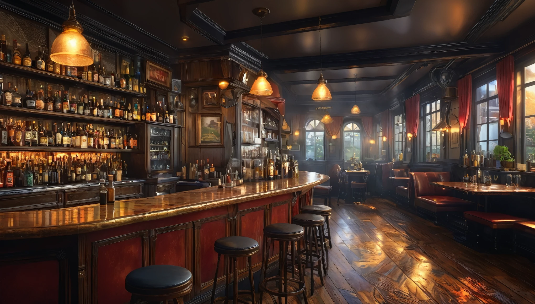 ultra-detailed, realistic, 4k, masterpiece:1.2, highres, vivid colors, bokeh, professional, HDR, sharp focus, studio lighting, ultra-fine painting, physically-based rendering smoky pub, illustration by Jean-Pierre Gibrat, detailed background, indoors