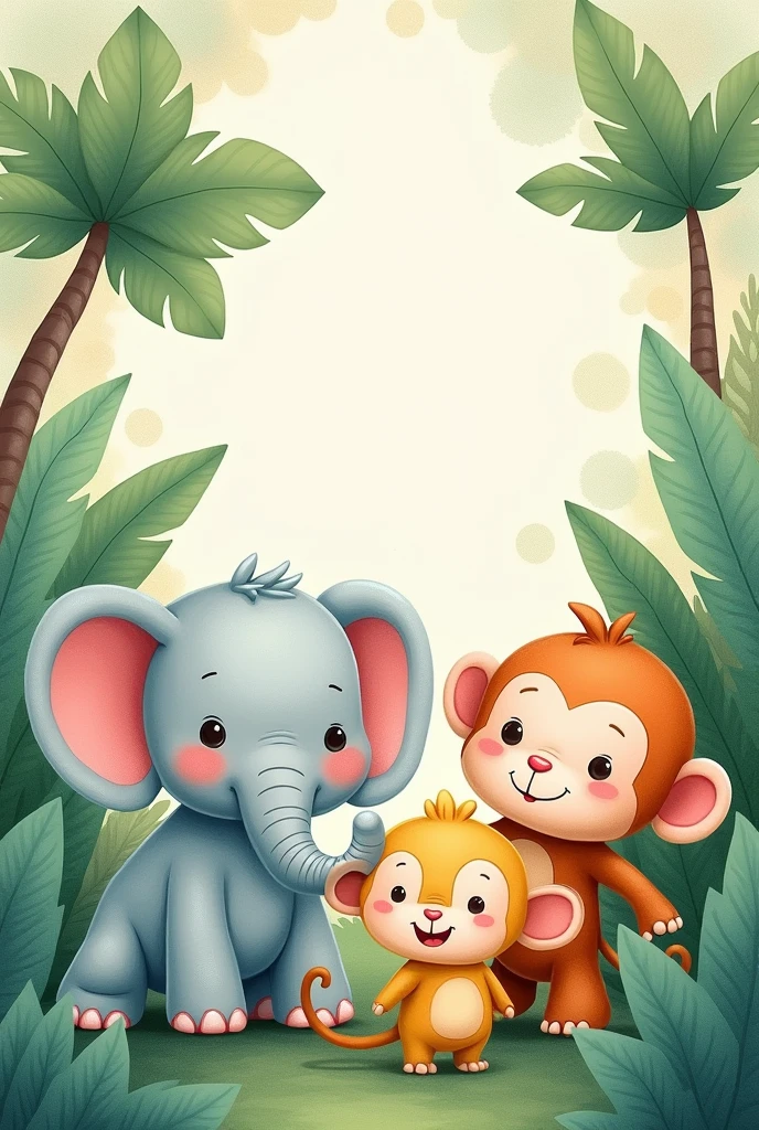 Artistic hand-drawn illustration of jungle animals, featuring a baby elephant, a playful monkey, and a colorful parrot perched on a branch, surrounded by lush, soft jungle foliage. The illustration should be in a whimsical, child-like style with smooth pencil and pastel brush strokes, creating a warm and friendly atmosphere. The use of soft and colorful drawings emphasizes gentle, flowing lines and a dreamy composition. Poster format with a focus on the delicate textures and vibrant yet soft hues, inspired by {Mary Blair} and {Beatrix Potter}. Subtle pencil sketch details with watercolor splashes and light pastel smudging. Soft, diffused lighting to enhance the gentle feel, with a slight vignette effect around the edges for a cozy, framed look.