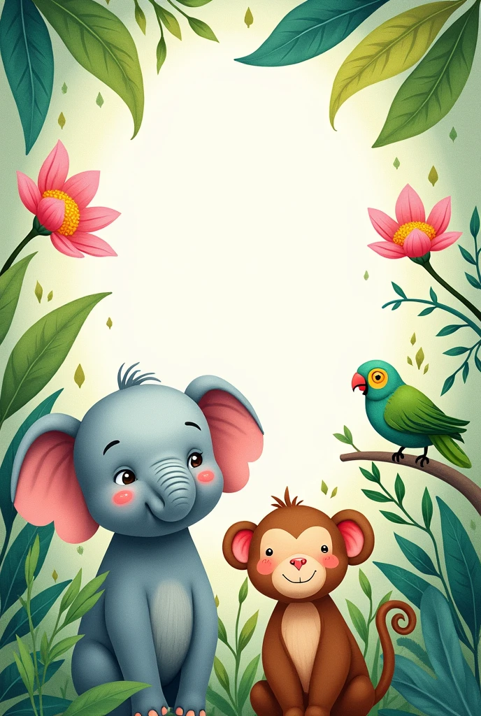 Artistic hand-drawn illustration of jungle animals, featuring a baby elephant, a playful monkey, and a colorful parrot perched on a branch, surrounded by lush, soft jungle foliage. The illustration should be in a whimsical, child-like style with smooth pencil and pastel brush strokes, creating a warm and friendly atmosphere. The use of soft and colorful drawings emphasizes gentle, flowing lines and a dreamy composition. Poster format with a focus on the delicate textures and vibrant yet soft hues, inspired by {Mary Blair} and {Beatrix Potter}. Subtle pencil sketch details with watercolor splashes and light pastel smudging. Soft, diffused lighting to enhance the gentle feel, with a slight vignette effect around the edges for a cozy, framed look.