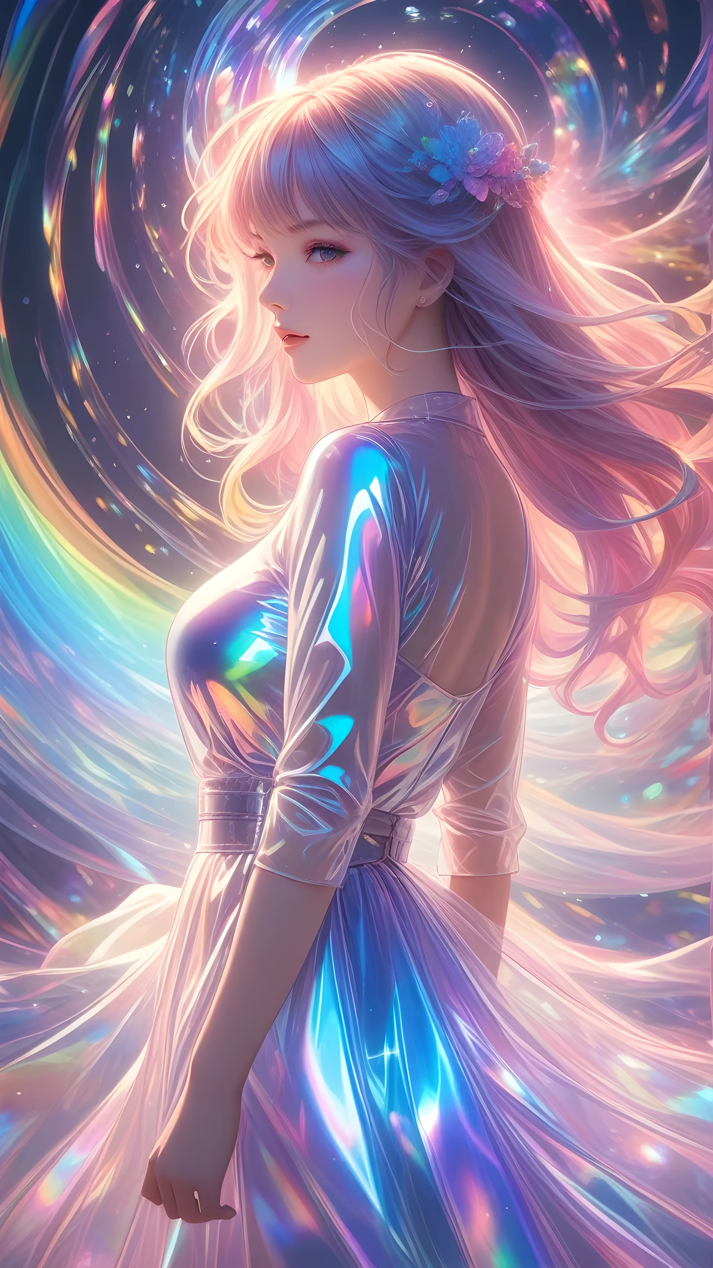 1girl, transparent colored PVC clothing, transparent colored vinyl clothing, prismatic, holographic, chromatic aberration, fantasy world, volumetric lighting, glowing elements, surreal, dreamlike, vibrant colors, ethereal, whimsical, mystical, abstract background, swirling energy, psychedelic, otherworldly, iridescent, shimmering, pearlescent, neon highlights, diffraction patterns, mesmerizing, hypnotic, transcendent