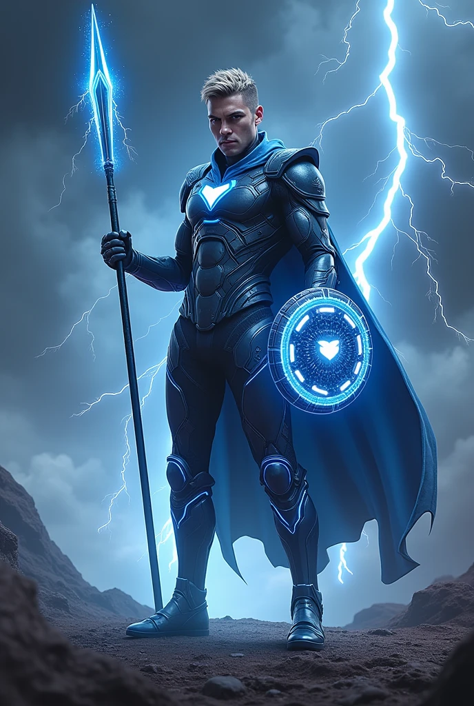 A dynamic full-body shot of "Bolt Captain," a warrior who commands the raw power of lightning. Dressed in sleek, high-tech armor with electric blue accents, Bolt Captain’s short-cropped hair stands on end as arcs of electricity dance around him. In one hand, he grips a spear that crackles with electric energy, and in the other, a round shield that glows with embedded circuits. The background is a dark sky illuminated by intense bolts of lightning, striking down with precision as if under his command.