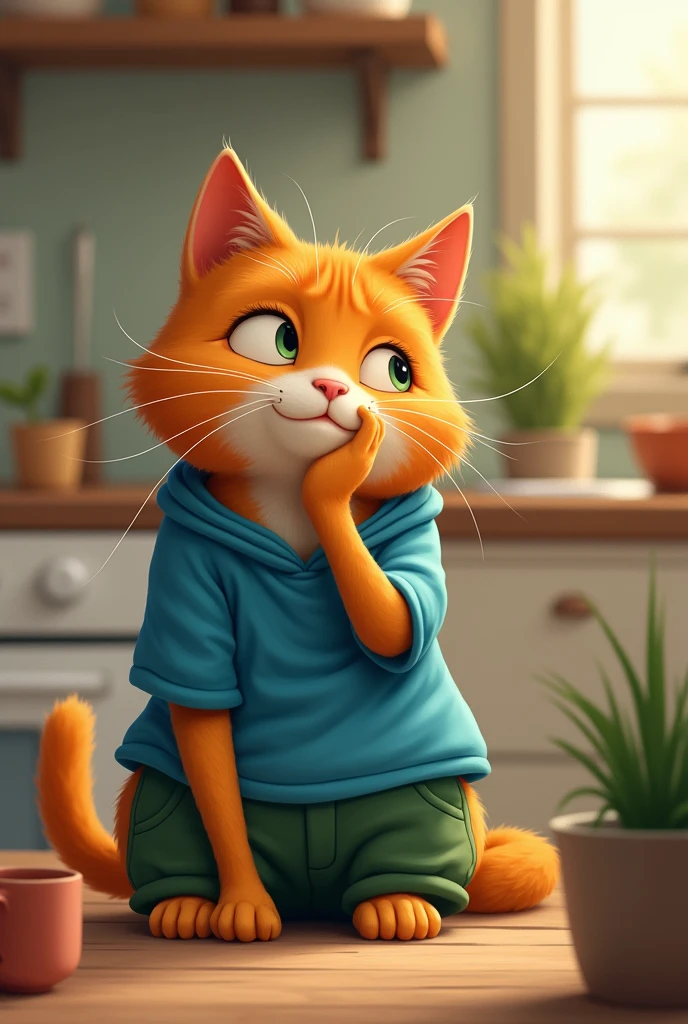 An orange cat wearing a blue shirt and green pants is thinking alone in the kitchen.