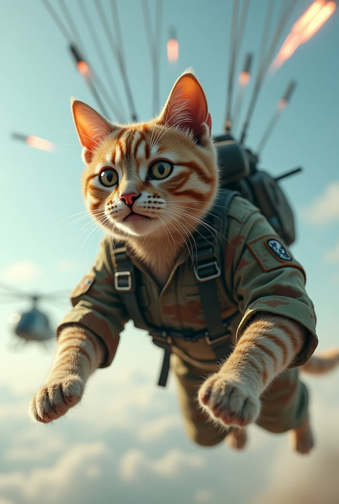 cat jumping from indian army helicopter with parachute wearing indian army dress. air missiles crossing from cat side realistic image