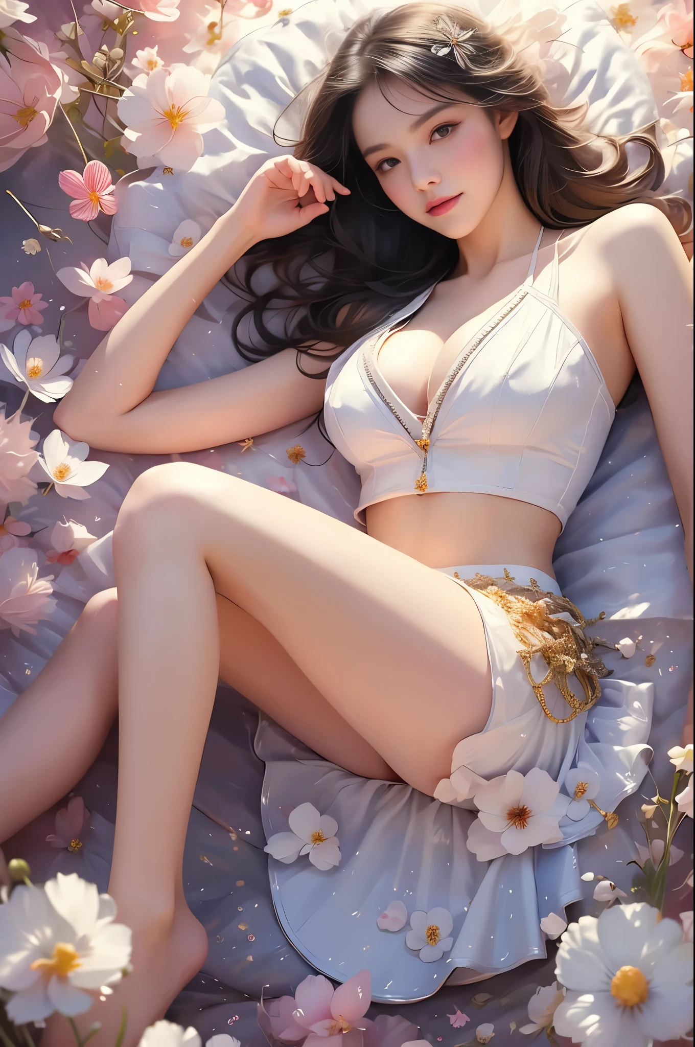 idol clothes, ((full body))（Quality Improvement：1.4）， 1 girl, In the flowers, ((Lying down, Lie on the flowers, Knee slightly bent)), Full breasts，Visible cleavage，Sexy long legs，The skirt is very short，She gently lifted her skirt with one hand,Surrounded by white Phalaenopsis orchids，Lilac dendrobium、White Lily, Flying petals，（Top quality leather), Delicate face,Black Hair, Gradient hair, Body,（Body1.1）, He has a precious gem on his forehead..., brilliant student，Long eyelashes,Smile, Surrealism, Movie Lighting, Projection Insert, Surrealism, Ultra HD, masterpiece，lie，Keep dreaming，Open your legs slightly.，Tattoo，Fantasy Space，Luxurious space，Exquisite makeup，blush，Shy expression