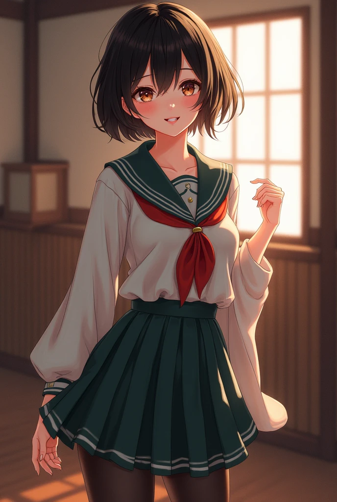 Large Breasts, smile, masterpiece, High resolution, Japan Uniforms　
Cute face shortcut, Black Pantyhose