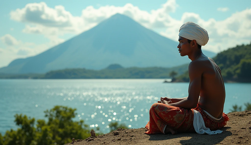 Village from ancient Ternate island, Maluku, Indonesia, beside a ocean and Ternate mountain, a young man sitting in ancient Ternate clothing and wear a white traditional Ternate turban, there is no peoples, hyper realistic, masterpiece, best quality, ultra-detailed, UHD, 64K