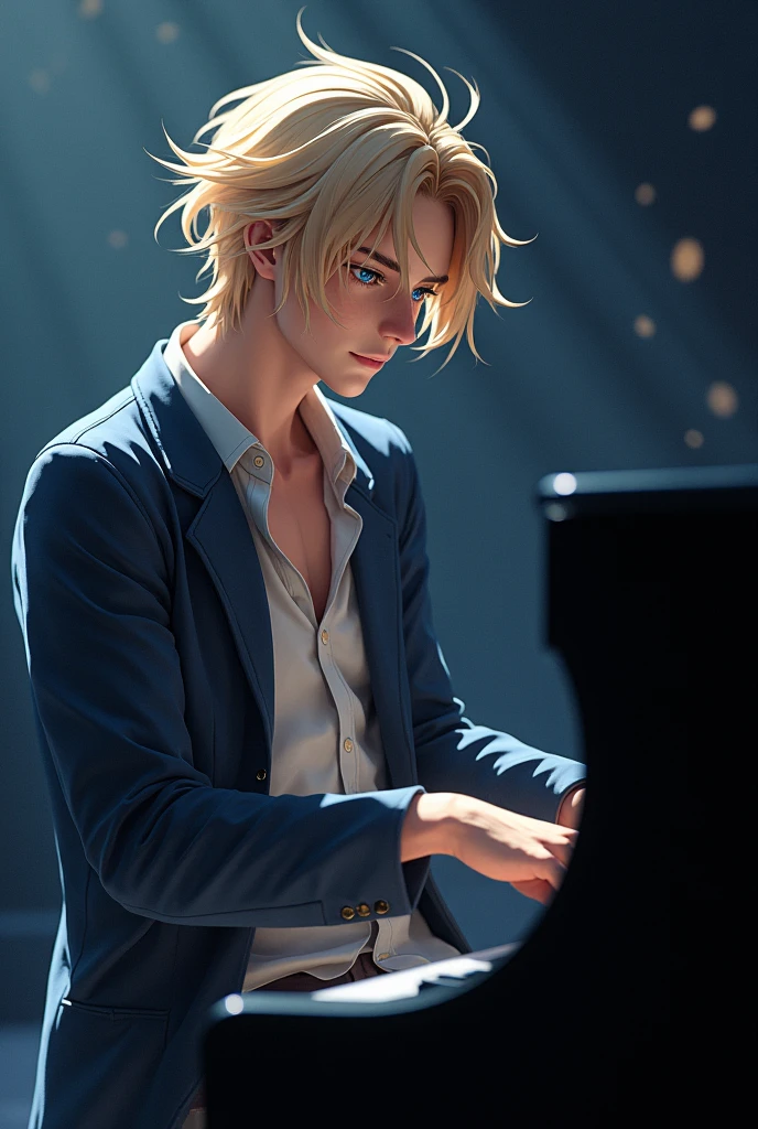 pianist　Performing　male　20th Generation　Blonde　Long Hair　Blue Eye　shirt　Open-neck jacket