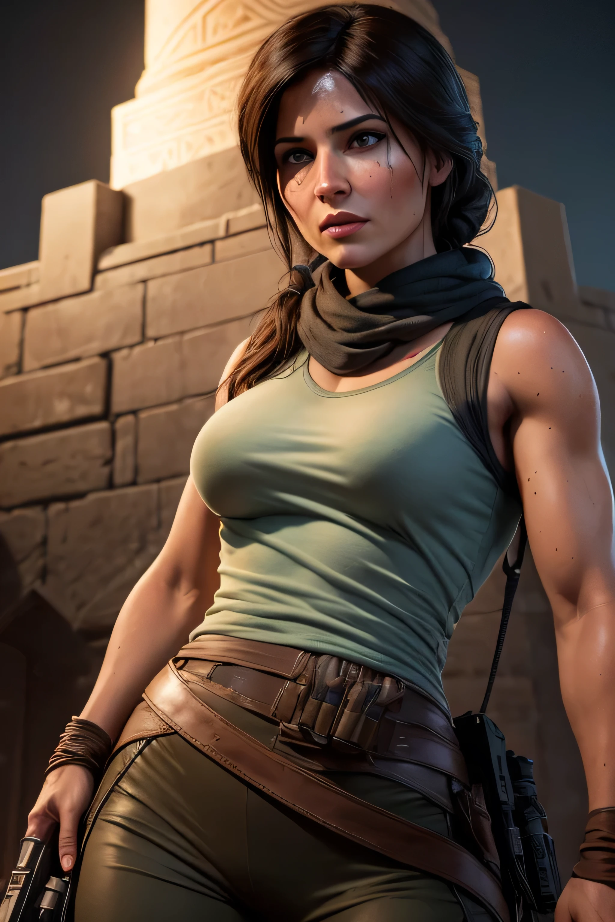 Lara Croft standing in front of (The Prophet's Tomb) from the game ((Rise of the Tomb Raider)). Time: 01.00 am, night time. It's night. The picture is dark. The scene is lit by moon rays, reflecting on The Prophet's Tomb. Location: The Prophet's Tomb. Lara is wearing the classic tomb raider outfit: light blue shirt and dark pants. DLSR, sharp focus, soft lighting, photorealistic, masterpiece, perfect face, ultra detailed face, beautiful brown eyes, beautiful face, perfect anatomy, 8k, masterpiece, ultra detailed
