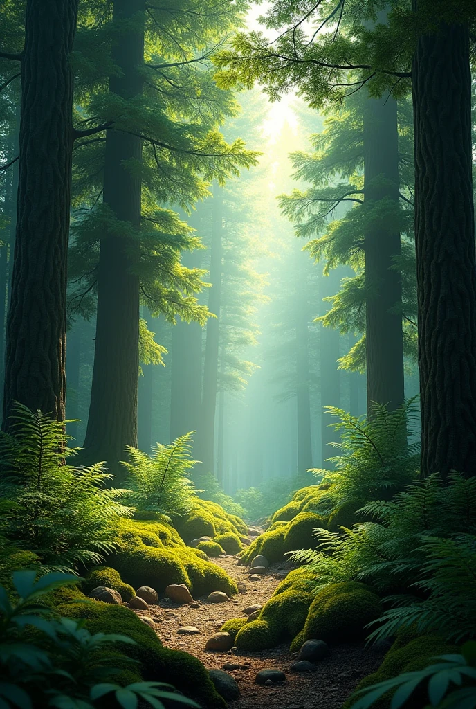Generate a serene forest background with a rich, natural atmosphere viewed from a slightly upward angle. The scene should include dense greenery with tall trees, ferns, and moss. The camera angle looks up slightly, emphasizing the height of the trees and the natural canopy formed by the leaves. The ground is covered in soft, uneven terrain with patches of moss and small rocks. Sunlight filters through the trees, casting gentle shadows, and creating a peaceful mood. The color palette should focus on deep greens and earthy tones, with subtle highlights from the sunlight