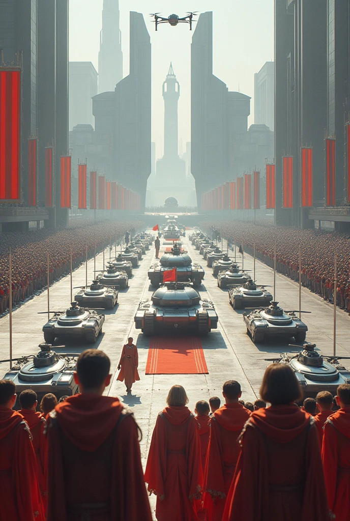 A grand and detailed visual depiction of a military parade in a futuristic, powerful empire. The scene shows a long line of military personnel in advanced, pristine uniforms, marching in perfect formation through the streets of a futuristic capital city. Alongside them, state-of-the-art military vehicles and technology are showcased, including sleek tanks and aerial drones flying overhead. The architecture of the city is towering and impressive, with grand buildings and monuments lining the parade route. Overlooking the scene, a majestic figure representing the ruler of the empire watches from a grand palace balcony, symbolizing the strength and unity of the empire. The atmosphere is one of celebration and power, with crowds lining the streets to witness the event. The art style is realistic, capturing the scale, grandeur, and imposing atmosphere of this significant event.