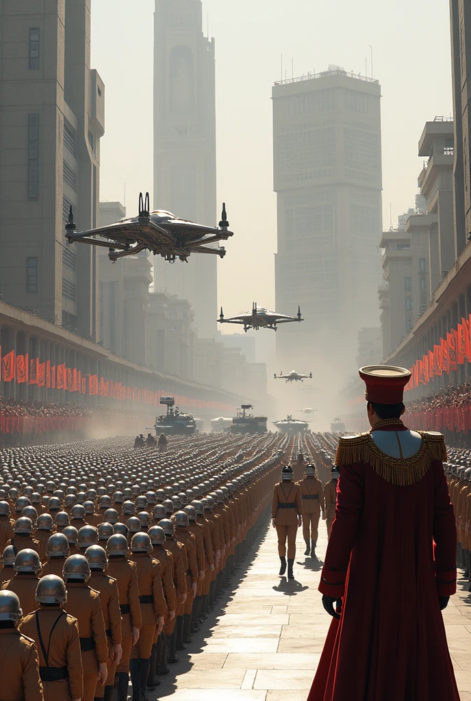 A grand and detailed visual depiction of a military parade in a futuristic, powerful empire. The scene shows a long line of military personnel in advanced, pristine uniforms, marching in perfect formation through the streets of a futuristic capital city. Alongside them, state-of-the-art military vehicles and technology are showcased, including sleek tanks and aerial drones flying overhead. The architecture of the city is towering and impressive, with grand buildings and monuments lining the parade route. Overlooking the scene, a majestic figure representing the ruler of the empire watches from a grand palace balcony, symbolizing the strength and unity of the empire. The atmosphere is one of celebration and power, with crowds lining the streets to witness the event. The art style is realistic, capturing the scale, grandeur, and imposing atmosphere of this significant event.