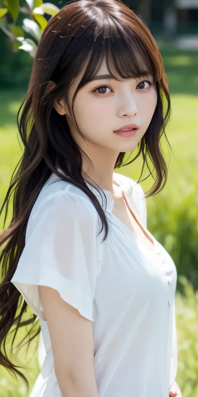 masterpiece、Highest quality, Ultra-high resolution、8k,photograph、1 girl, (Skin dents), {{Large Breasts}}, bright, Blurred Background, (Asymmetrical bangs, Please comb your hair、very long wavy hair:1.5), (Floating Hair:1.0)、(A transparent blouse that fits snugly around the chest)、(A vibrant pastel light purple blouse)、Saggy breasts、Heterochromia iridis、sad、grassland、Spring Sky、Soft sunlight