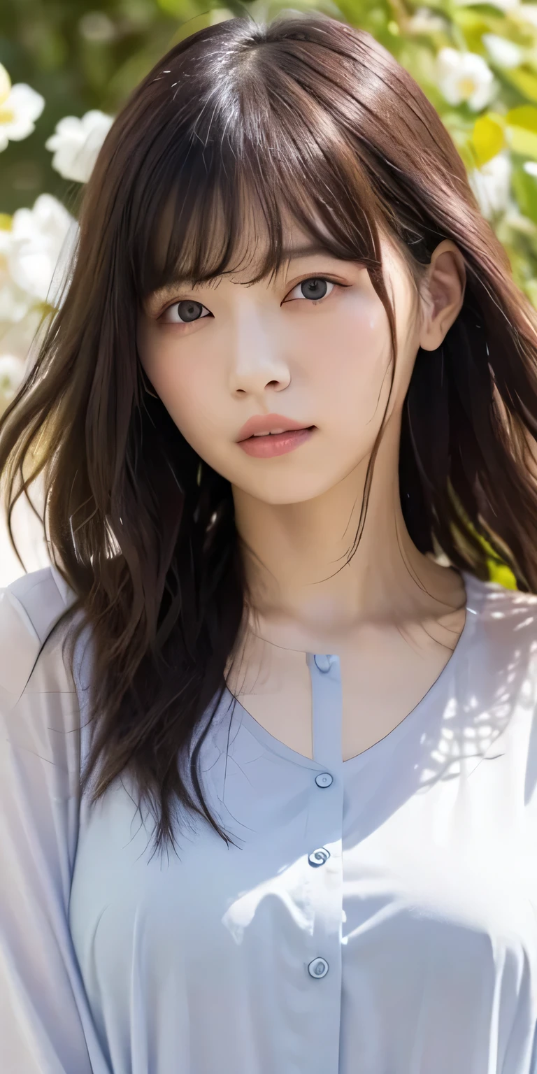 masterpiece、Highest quality, Ultra-high resolution、8k，photograph、1 girl, (Skin dents), {{Large Breasts}}, bright, Blurred Background, (Asymmetrical bangs, Please comb your hair、very long wavy hair:1.5),   (Floating Hair:1.0)、（A transparent blouse that fits snugly around the chest）、（A vibrant pastel light purple blouse）、Saggy breasts、Heterochromia iridis、sad、grassland、Spring Sky、Soft sunlight
