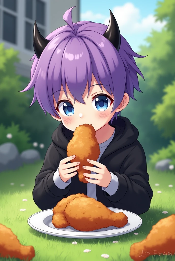 anime art, cute boy with bright purple hair, blue eyes, wearing a black jacket, and has black small devil horns, eating fried chicken in a front yard ,white skinned and short haired