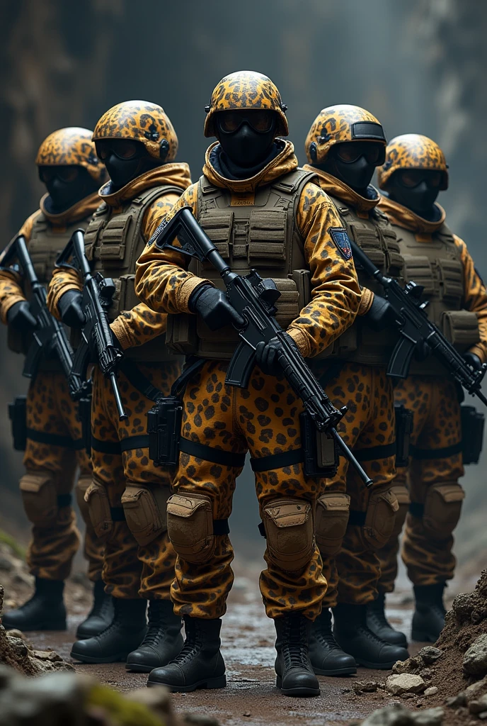 five troops stand together, their uniform same as leopard's skin design