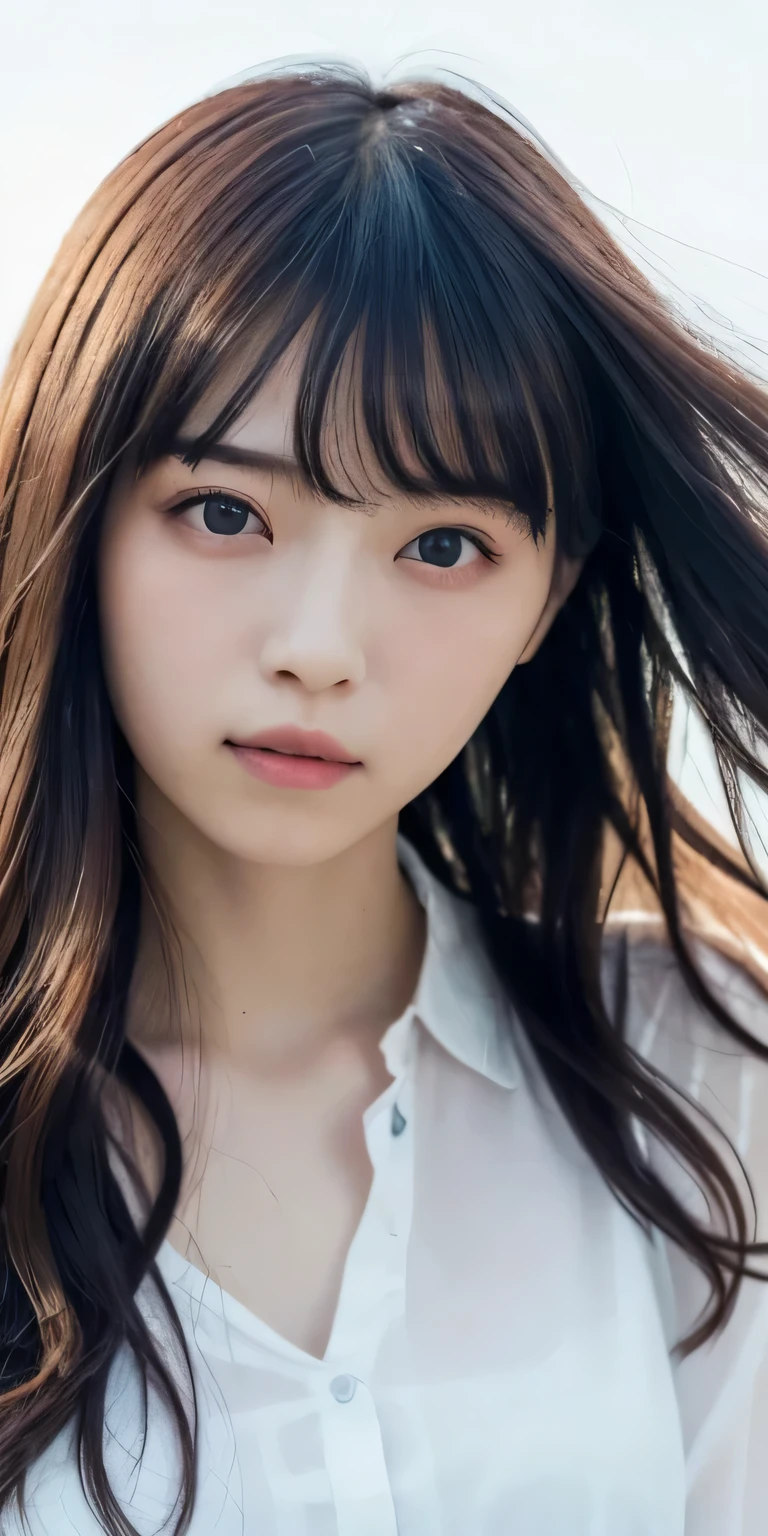 masterpiece、Highest quality, Ultra-high resolution、8k，photograph、1 girl, (Skin dents), {{Large Breasts}}, bright, Blurred Background, (Asymmetrical bangs, Please comb your hair、very long wavy hair:1.5),   (Floating Hair:1.0)、（A transparent blouse that fits snugly around the chest）、（A vibrant pastel light purple blouse）、Saggy breasts、Heterochromia iridis、sad、grassland、Spring Sky、Soft sunlight
