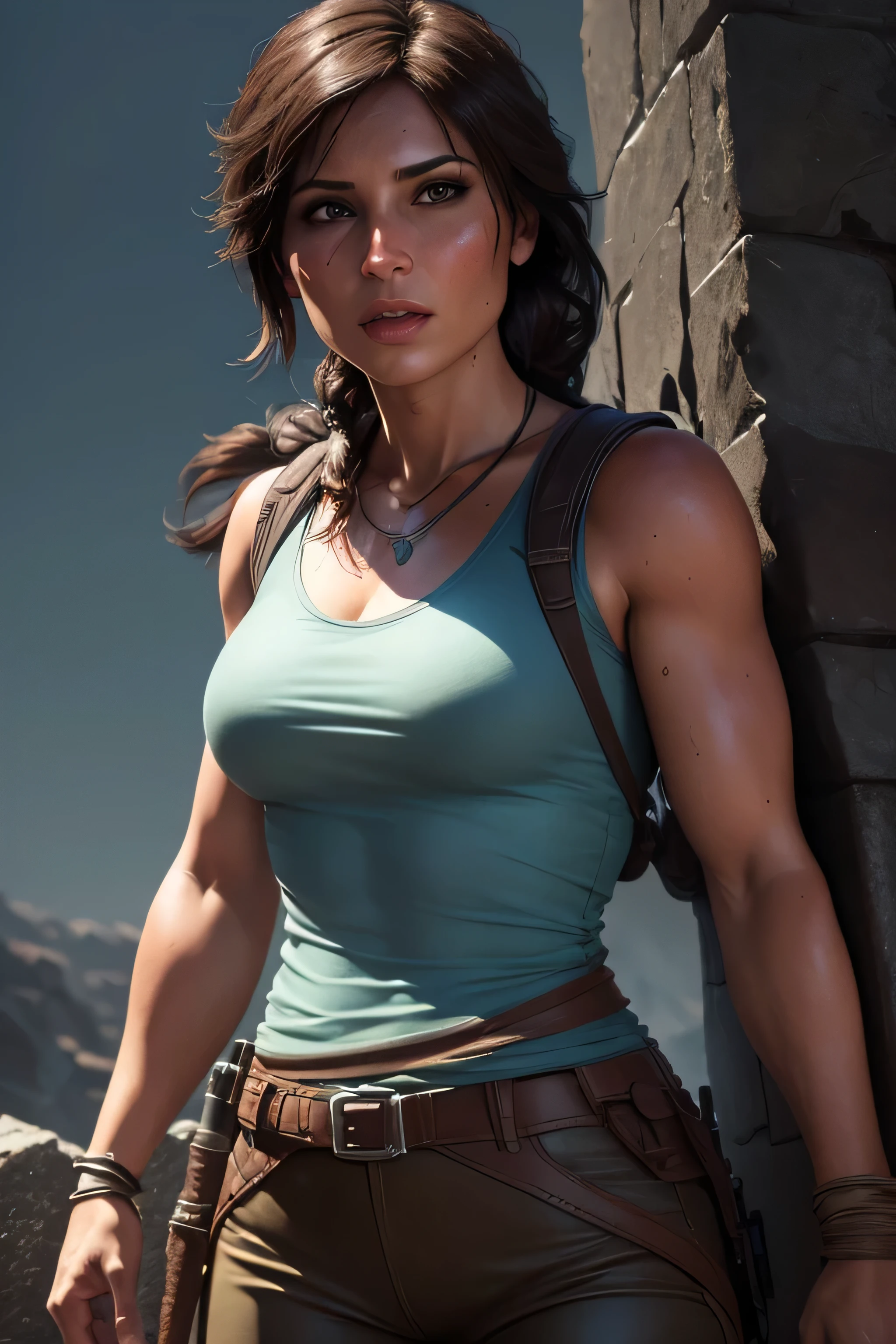 Lara Croft standing in front of (The Prophet's Tomb) from the game ((Rise of the Tomb Raider)). Time: 01.00 am, night time. It's night. The picture is dark. The scene is lit by moon rays, reflecting on The Prophet's Tomb. Location: The Prophet's Tomb. Lara is wearing the classic tomb raider outfit: light blue shirt and dark pants. DLSR, sharp focus, soft lighting, photorealistic, masterpiece, perfect face, ultra detailed face, beautiful brown eyes, beautiful face, perfect anatomy, 8k, masterpiece, ultra detailed