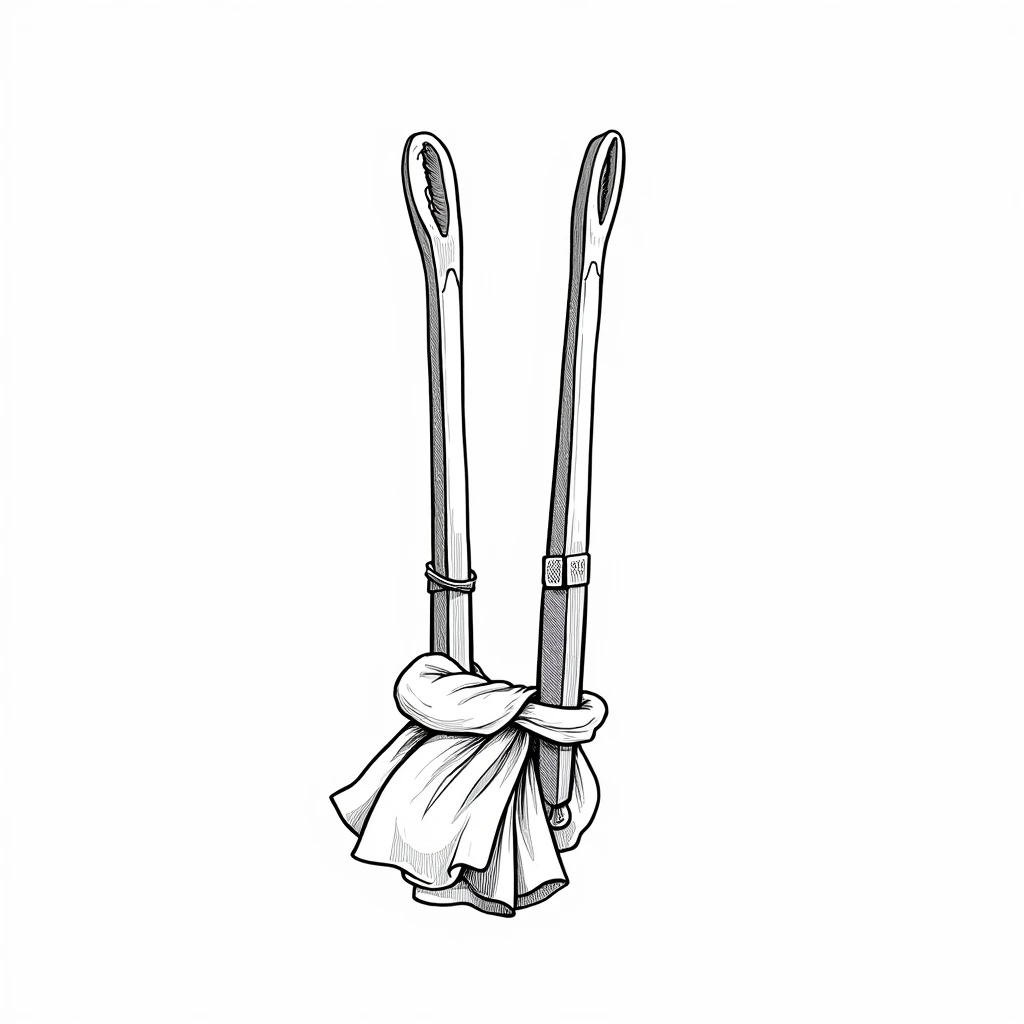 Draw a pair of indian stainless steel flat tongs tied with a piece of cloth and dusting a window dust, generate high quality image, black and white line art image


