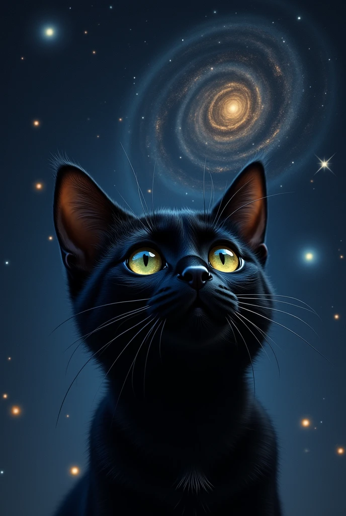 Close up of a black cat's cat face. Look towards the stars, stars and galaxies in the background. "Miss you david" is written in German. Yellow-green eyes with black pupils.