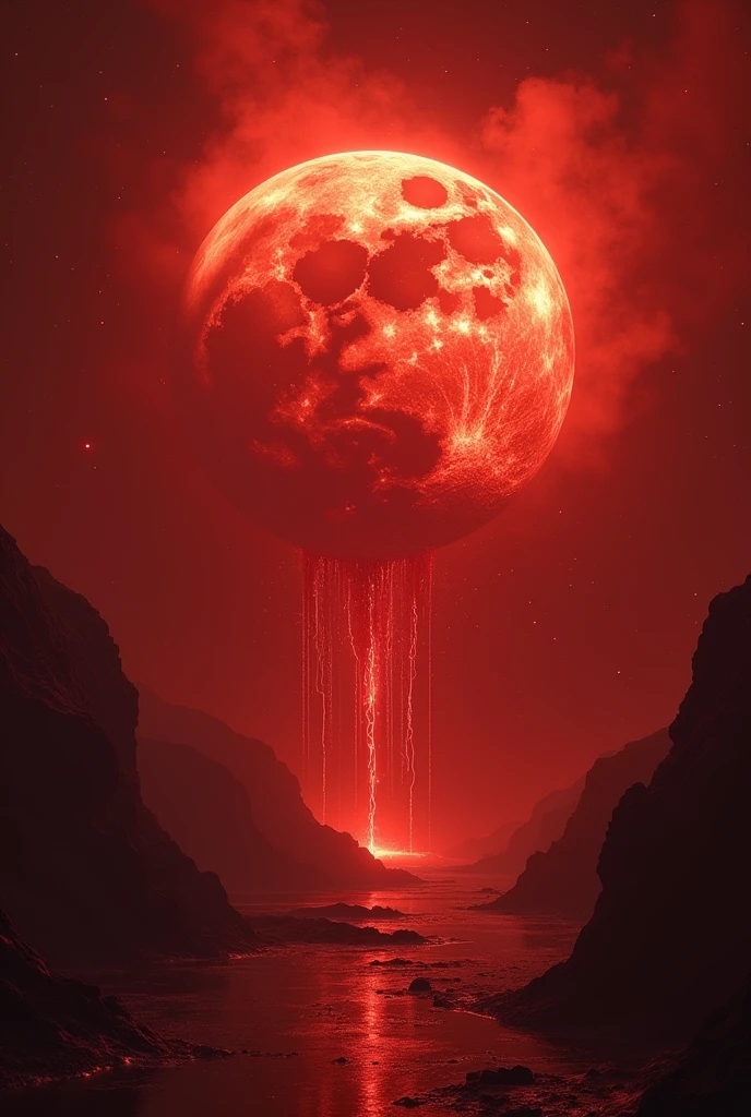 I want to create a picture best for wallpaper,in this picture there is a moon in space which is bleeding ,make space look red,make this seen looking like someone is watching it through space ship,make the moon over cinematic,the moon should be covered in deep red glowing blood looking like lava,make moon like about to explode,make it look like it is releasing energy like in big bang , create more details in the moon's energy,make it look like moon is about to melt

