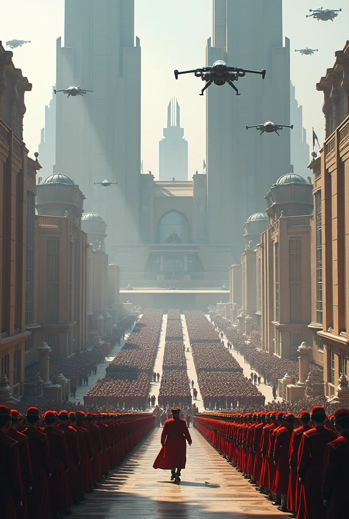 A grand and detailed visual depiction of a military parade in a futuristic, powerful empire. The scene shows a long line of military personnel in advanced, pristine uniforms, marching in perfect formation through the streets of a futuristic capital city. Alongside them, state-of-the-art military vehicles and technology are showcased, including sleek tanks and aerial drones flying overhead. The architecture of the city is towering and impressive, with grand buildings and monuments lining the parade route. Overlooking the scene, a majestic figure representing the ruler of the empire watches from a grand palace balcony, symbolizing the strength and unity of the empire. The atmosphere is one of celebration and power, with crowds lining the streets to witness the event. The art style is realistic, capturing the scale, grandeur, and imposing atmosphere of this significant event.