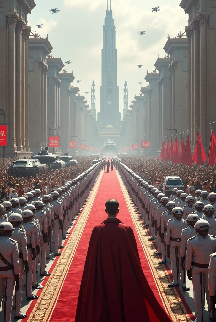 A grand and detailed visual depiction of a military parade in a futuristic, powerful empire. The scene shows a long line of military personnel in advanced, pristine uniforms, marching in perfect formation through the streets of a futuristic capital city. Alongside them, state-of-the-art military vehicles and technology are showcased, including sleek tanks and aerial drones flying overhead. The architecture of the city is towering and impressive, with grand buildings and monuments lining the parade route. Overlooking the scene, a majestic figure representing the ruler of the empire watches from a grand palace balcony, symbolizing the strength and unity of the empire. The atmosphere is one of celebration and power, with crowds lining the streets to witness the event. The art style is realistic, capturing the scale, grandeur, and imposing atmosphere of this significant event.