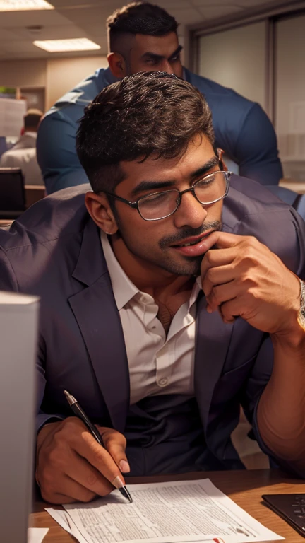 Close up focus on indian business man gay couple doing tounge sucking kissing, in office, masterpiece 