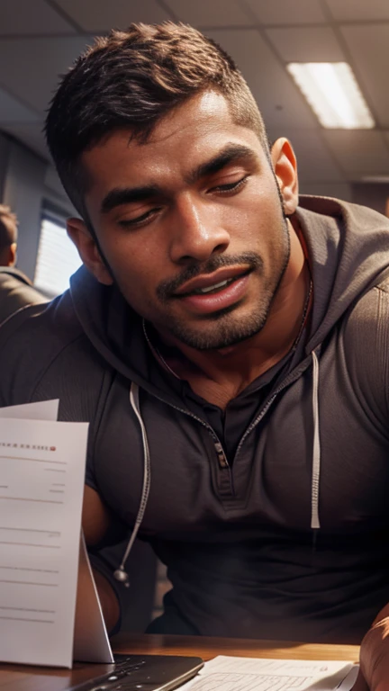 Close up focus on indian business man gay couple doing tounge sucking kissing, in office, masterpiece 