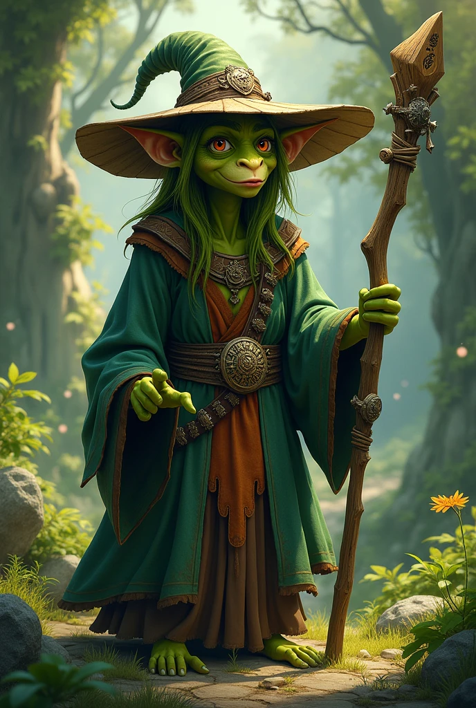 Long Eared Green Goblin. He has a big hat, a wizard&#39;s robe and a decorated wooden staff. He is a shaman of nature. He has a mischievous and intelligent look 