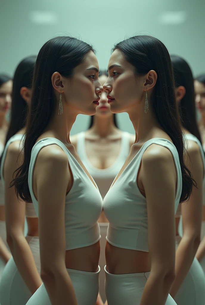 (((cloned face)))
(((similar identical twins)))
All the girls have the exact same face, The two have the same face and figure, as if they were mirror images