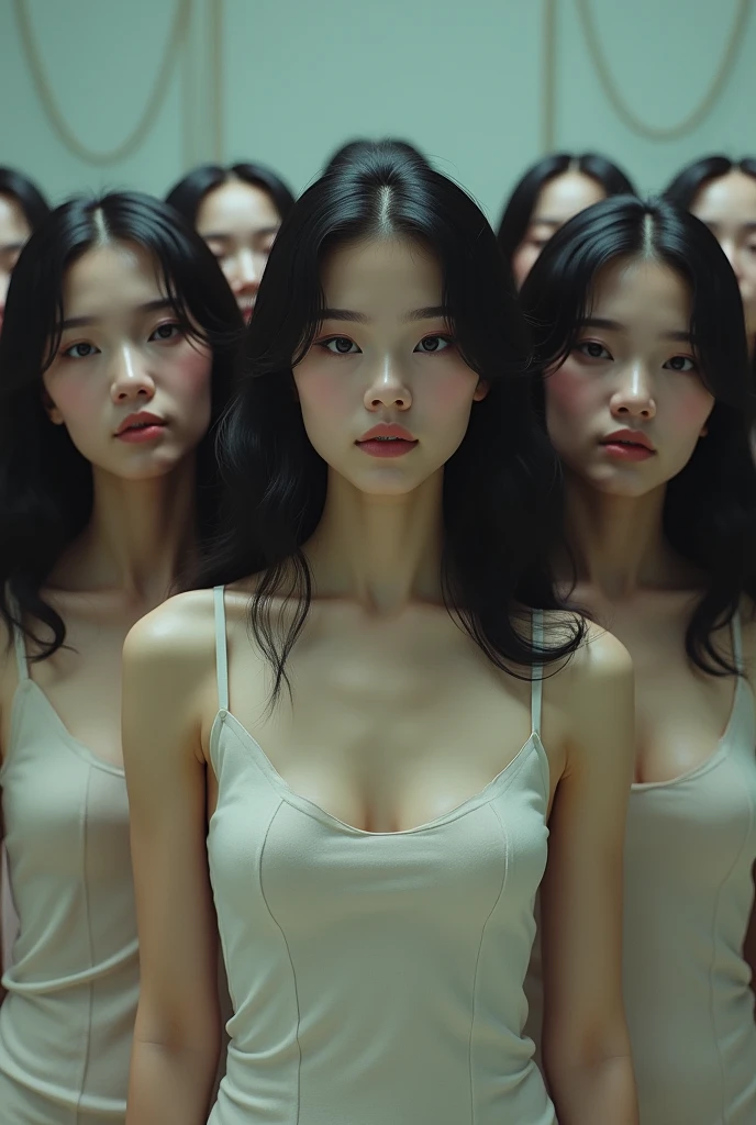 (((cloned face)))
(((similar identical twins)))
All the girls have the exact same face, The two have the same face and figure, as if they were mirror images