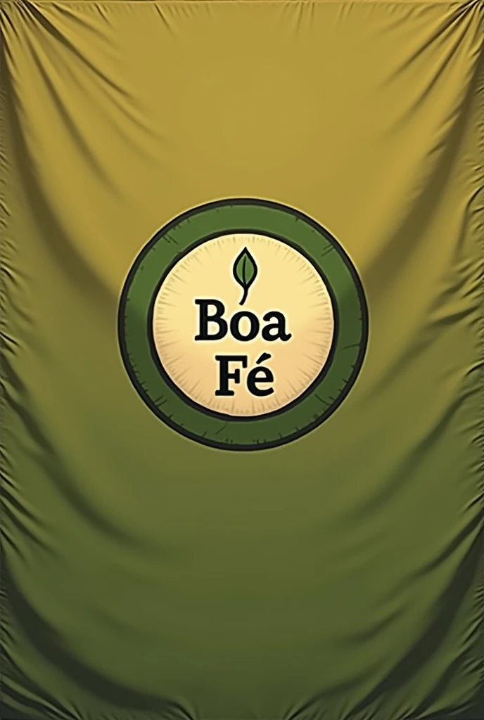 Create an olive green flag, with simple round coat of arms with the name good faith in Portuguese and a sprouting seed symbol