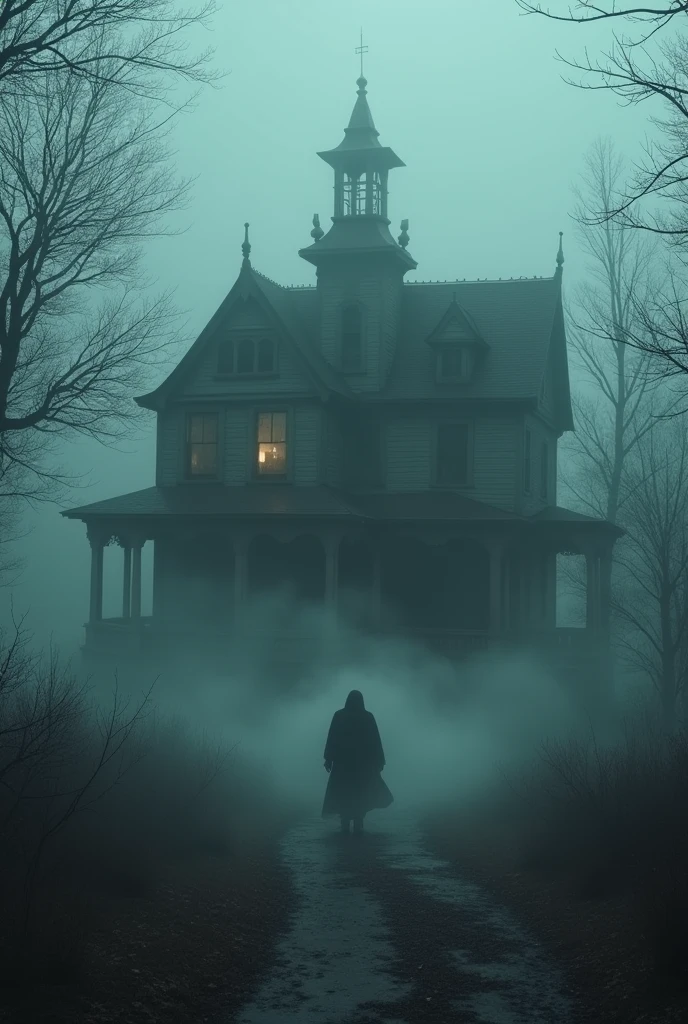 The old mansion with broken windows, surrounded by fog and whispers of ghostly figures in the shadows, exuding an ominous aura.